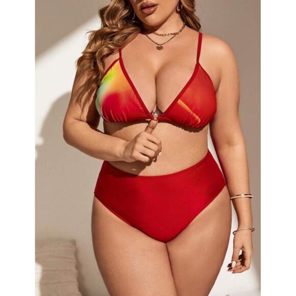 Three-Piece Plus Size Bikini & Cover-Up Set With Rainbow Gradient Print 3XL Shei - Picture 3 of 4